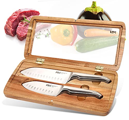 FURI Pro Santokumesser Set mit Geschenkbox, 3-tlg., Küchenmesser aus japanischem Edelstahl, hochwertige Box aus Akazienholz zur Aufbewahrung, Klingenlänge der Messer: 13 & 17 cm