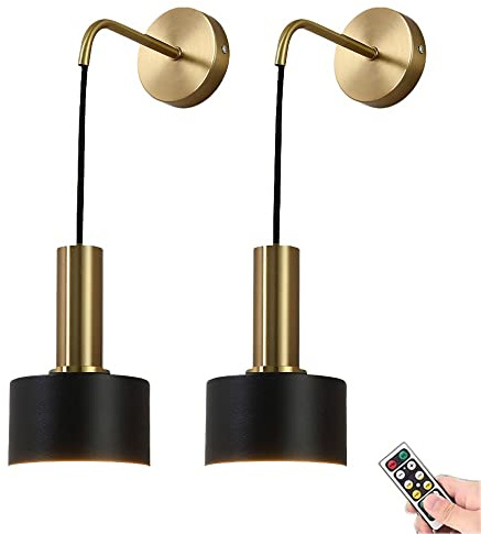 Battery Operated Wall Sconces Set of 2, Modern No Wire Wall Lamp with Remote and led Light Bulb, Dimmable Adjustable Copper Lighting Fixture for Indoor Bedroom Bedside Decor/Living Room/Hallway