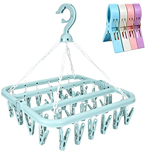 twirush Sock Dryer, 32 Peg Sock Hanger for Washing Line, Foldable Indoor Sock Dryer with 4 Large Beach Towel Clips Quilt Clips for Underwear Clothes Shoe Insoles Underwear Baby Clothes & Hats (Blue)
