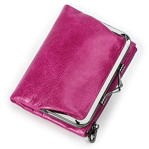 CONTACTS Damen RFID Geldbörse mit Kiss Lock, Echtes Leder Multifunktions Bifold Münzbörse mit Reißverschlusstasche Vintage, Kreditkartenhalter Kleine Clutch mit ID-Fenster (Rosenrot)