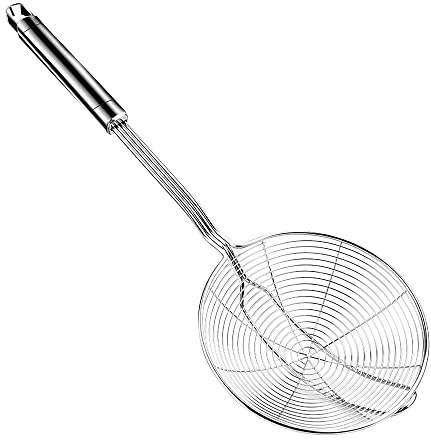 Aettechgd Steel Spider Strainer Skimmer Ladle, Strainer Spider Skimmers for Kitchen Cooking and Frying, Premium Strainer Spoon Diameter: 5.4Inch, Total Length: 15.4Inch