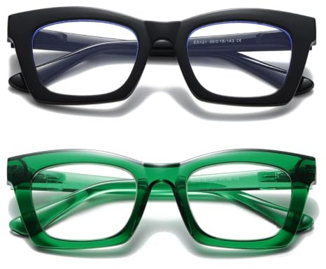 Hubeye Gafas de lectura para Mujeres de Moda Anteojos de lectura con Bisagra de resorte ultraligeras anti luz azul (Negro+Verde, 1.00)