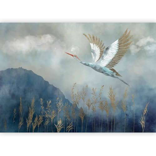 artgeist Premium Wall Mural Landscape 138x101 in - XXL Non-Woven Wallpaper Fleece Wall Decor Photo Print Picture Image Design Mountain Plants Stork Blue Like Painted g-A-0364-a-a