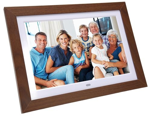 Sxhlseller Digitaler Bilderrahmen aus Holz, Fotodisplay 10,1 Zoll HD IPS, Einfache Einrichtung, Video-Musik-Bilderrahmen mit Kalenderuhr, Geschenke für Großeltern (braun)