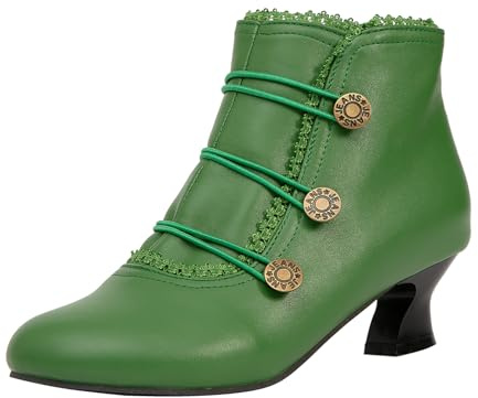 getmorebeauty Women's Ankle Boots Low Heels Lace Buttons Round Toe Side Zipper Vintage Short Boots Autumn Winter（US8,GREEN）