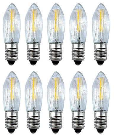 10 Stück LED Filament Topkerze 23V 0,2W E10 für Schwibbogen mit 10 Brennstellen, Riffelkerze Ersatzlampe für Lichterkette, Pyramide etc.