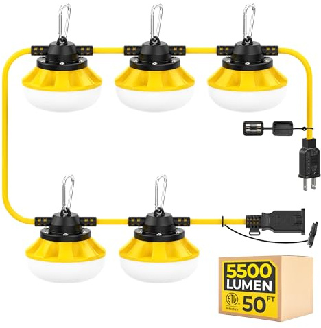 HYANGLUX 50FT Construction String Lights, 5-Light LED Work Light, 50W 5500LM, ETL Certified, 18/2 SJTW Cord, IP65 Waterproof, Linkable up to 16 Sets, for Attic, Basement, Crawlspace, Garage