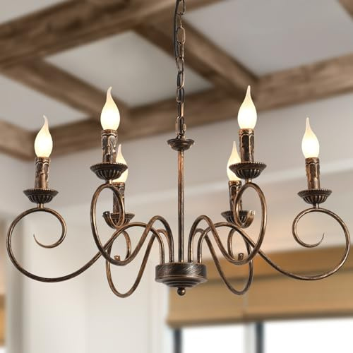 JIINOO 6-Flammiger Bronze Kronleuchter im Vintage Landhausstil | Französische Pendelleuchte aus Eisen mit 90 cm Kette für Esszimmer, Küche, Wohnzimmer, Foyer und Bauernhaus, 62 cm