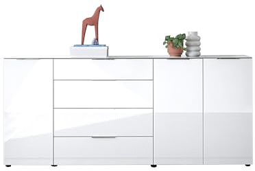 Sideboard Kommode SANTORIN weiß mit Glasfront, Schrank Korpus in weiß mit Oberboden in Glas und Schubladen für Ihren Wohnbereich - 226 x 99 x 40 cm (B/H/T) | Modernes Design mit Glasoberboden, 3 Türen, 4 verstellbare Einlegeböden, 4 Schubladen und Metall-Lip-Griffe, Wohnzimmer