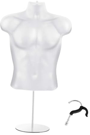 Milageto 1 Stück Männlicher Schaufensterpuppen-Torso, Verstellbare Elfenbeinfarbene PP-Display-Form mit Hohlrückseite, Drehbarer Haken für Bekleidungsgeschäfte und Fotoshootings