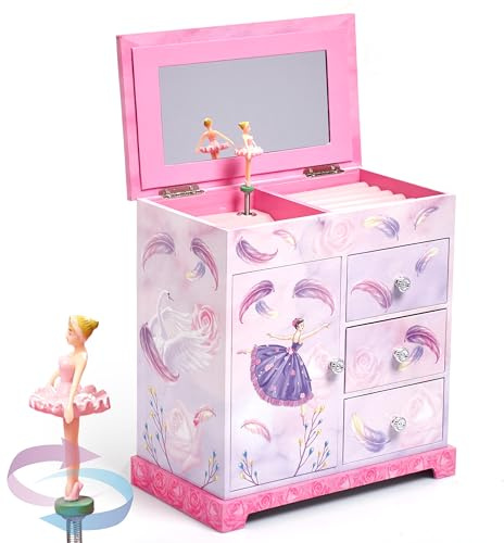 Jewelkeeper Schmuckschatulle mit Spieluhr für Mädchen, rosa künstliches Holz mit weichem rosa Futter, spielt Zucker, Pflaumenfee, 4 Fächer zur Aufbewahrung, Kinder-Schmuckschatulle, 24,1 x 24,1 x 14,7