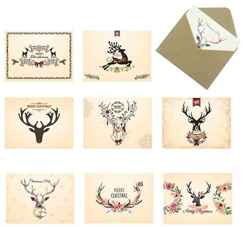 Weihnachtskarten, Rentierkarten mit Umschlägen, Rentier-Nachrichtenkarten, Neujahrsgeschenk, 8 Designs, 8,4 x 11,4 cm, 8 Stück