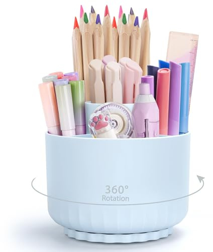 Ritte Rotatif Pot a Crayon, Organisateur De Bureau Rotatif à 360° Avec 5 Compartiments, Porte-Crayons Pour Bureau, école, Crayons Et Autres Articles De Papeterie(Bleu Saphir)