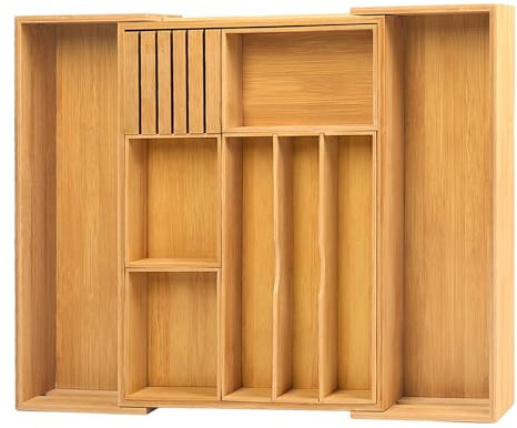 comfoyar Bandeja para Cubiertos de Madera, Extensible Organizador Cubiertos para Cajon para Utensilios con Separadores Divisores y Portacuchillos, Cuberteros para Cajon Cocina con 3-10 Compartimentos