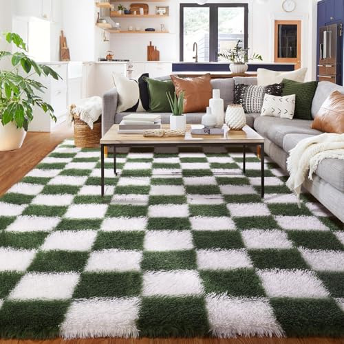 Teppich Kariert Wohnzimmer 180x270cm, Waschbarer Teppiche Schlafzimmer Olivgrün, Flauschig Hochflor Verliert Keine Haare Teppich Schachbrettmuster, Schachbrett Groß Carpet Living Room Kinderzimmer