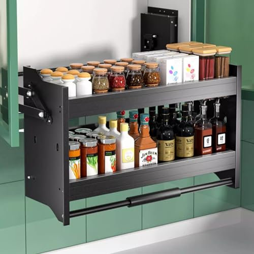 Küchenschrank, ausziehbarer Organizer mit herausziehbarer Schale und Gewürzregal-System, Wandmontage, Rolloschrank, Aufbewahrungslösung (Schwarz, Größe 800)