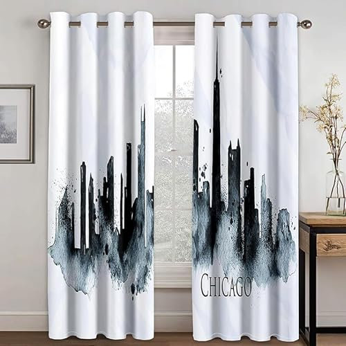 Rptidmv Vorhänge mit Ösen 2er Set Stadt Modern Blickdichte Vorhang Thermovorhang Kälteschutz Verdunklungsvorhänge für Wohnzimmer Schlafzimmer Kinderzimmer 140 x 175 cm (BxH)