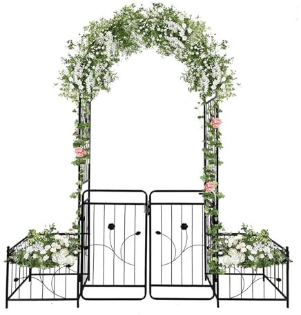 Arche de jardin avec portail et bacs à plantes en métal robuste pour plantes grimpantes, treillis de mariage, arche avec porte, lit surélevé, rosiers, vignes, support d'escalade, noir, 2,2 m
