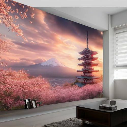 Papier Peint Intissé Style Japonais Tour Sakura Motif Papier Peint Panoramique pour Enfant Adulte Chambre Décoration 350 x 256 cm Poster Papier Peint Rose Personnalisé Murales
