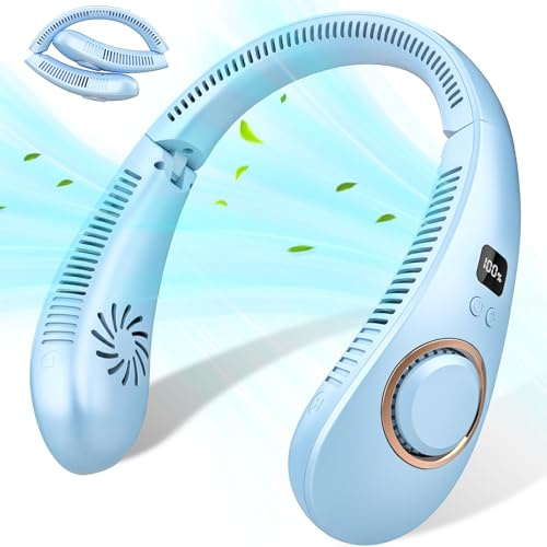 Kouric Ventilador de Cuello Inalambrico Plegable,Ventilador Portatil Cuello Viento Arriba y Abajo 4 Velocidades,Neck Fan USB Recargable-Azul Claro