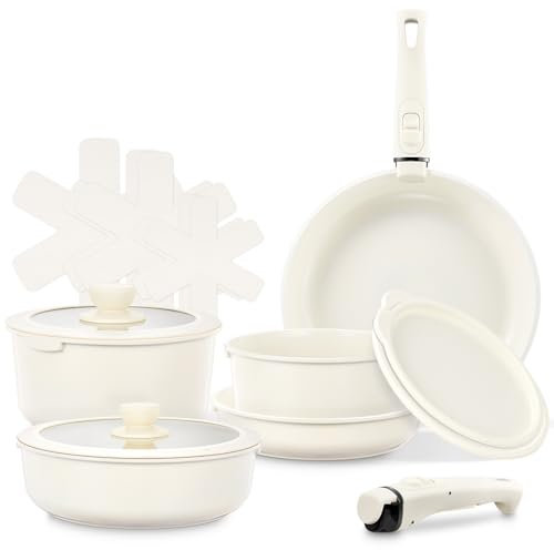 FOHERE Set di pentole da 16 pezzi, set di pentole a induzione con manico rimovibile, set di pentole e padelle in ceramica antiaderente, padella 20/28 cm, casseruola 18/20 cm, padella profonda 26 cm