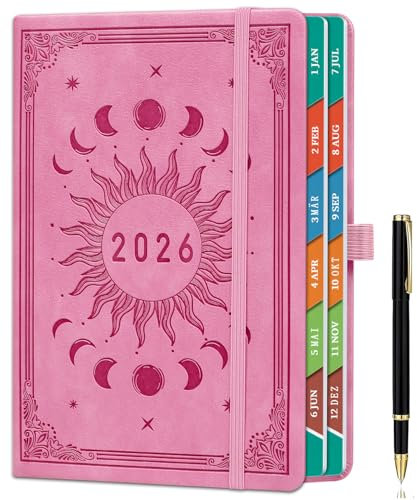 Kalender 2026 A5 (21,5 x 15 cm) Tagesplaner – auf Deutsch, 1 Tag 1 Seite Terminplaner, Januar bis Dezember 2026, mit Bunten Monatsregistern, farbenfrohen Innenseiten, Innentasche & Stift - Rosa
