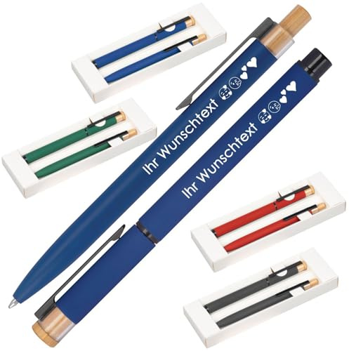 Schreibset mit Wunschgravur | Kugelschreiber und Rollerball | Bambusdrücker | recyceltes Aluminium | Blau schreibend | 4 Farben | Schriftarten | Werbekugelschreiber Gravur (Blau, 1)