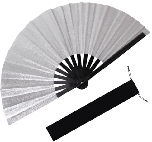 KyeeaDIY Handfächer, Faltfächer Faltbarer Hand-Faltfächer mit Quaste for Sommer Fecher Damen für Geburttag, Party, Wedding, Fotografie, Wand Dekoration (Silber)