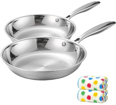 Premium Bratpfanne aus Edelstahl 304 – 20–28 cm, unbeschichtete Pfanne für Induktionsherd und Ofen, ergonomischer Griff, gesundes Kochgeschirr für Steak, Eier, tägliches Kochen (2 Stück, 24 cm)
