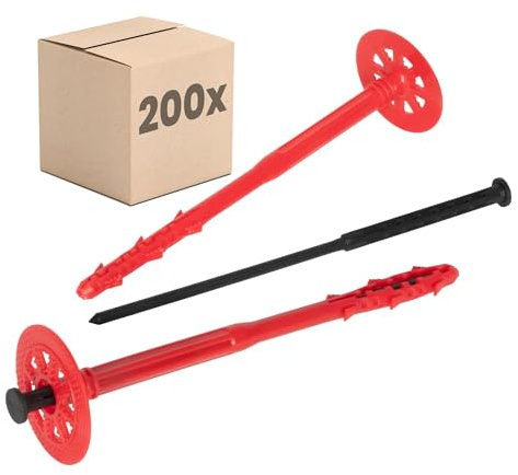 PROTEKTOR Chevilles d'isolation (cheville ITE) 200 pièces Ø10x240mm avec clou plastique pour façade extérieure, polystyrène, l'isolation de façade, cheville à frapper certifiée ETA Chevilles à disque
