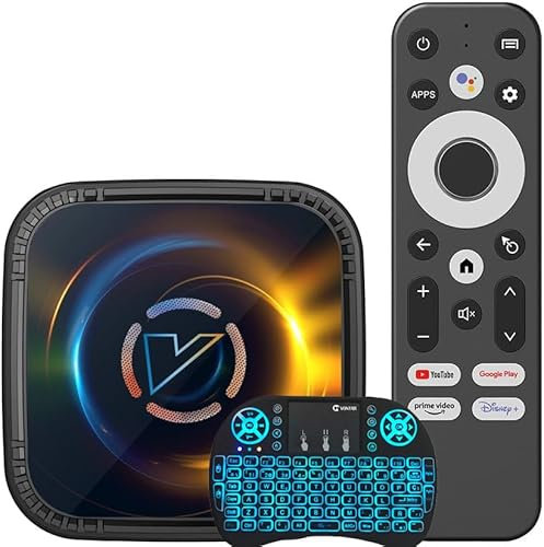CHROX Android TV Box 14.0,VONTAR H728 with Backlit Mini Wireless Keyboard Quad-Core Cortex-A53 CPU,2.4Ghz/5Ghz Dual Band Wifi6 6K Ultra HD Resolution BT 5.0,4GB+64GB