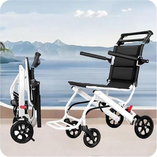 Fauteuil roulant de transport pliable, fauteuil roulant de transport léger et pliable, fauteuil de transport portable pour adultes avec sangle de sécurité réglable et roues en PU (BLACK)
