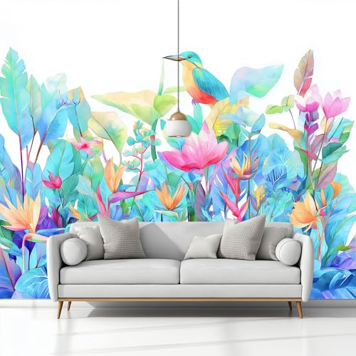 Fotomurale Murales Pintura Acuarela Plantas Tropicales Flores Pájaros 200 x 140 cm Papel Pintado no Tejido, Verde Papel Tapiz Fotográfico, para Salon Dormitorio Oficina Mural de Decoración de Pared