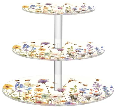 JUZIHAI Herbs and Wild Flowers Acrylic Cupcake Stand 3 Tier, Clear Cake Display Tower with Non-Slip Pads, Cupcake Holder for Party, Birthday, Wedding, Dessert Table