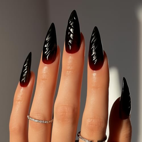 Halloween Long Stiletto Press on Nails,24pcs Black Blood False Nails With Glue,Wine Red With 3D Design,Long Almond Dark Style Stick on Nails,Glue-on Acrylic Full Cover Fake Nail for Women