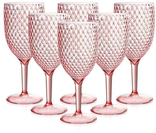 WDFCN 6 Pieces Pink Plastic Wine Glasses 13.5oz Reusable Plastic Gin Glasses Wedding Goblets Acrylic Champagne Flute Unbreakable Vintage Champagne Flutes Drink Glasses for Wedding Party Bar (6, Pink)