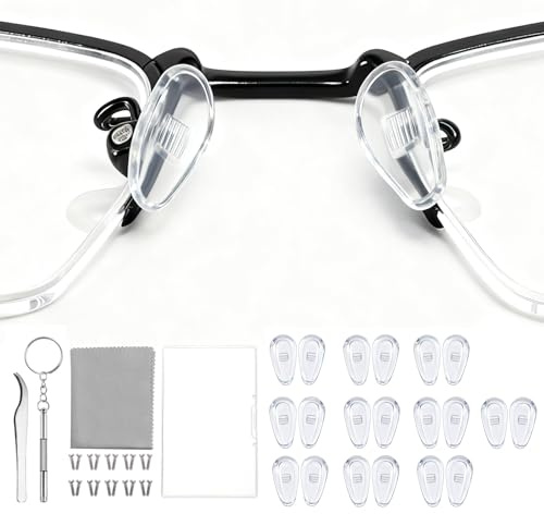 SUNNIFLY 10 Paar Brille Nasenpads Silikon, Brillen Reparatur Set mit Schrauben, Doppelschraubendreher, Pinzette und Brillenputztuch, Nasenpads zum Aufstecken für Brillen mit Scharnieren