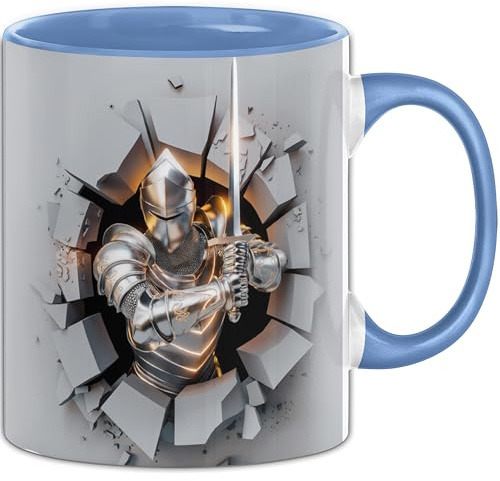 3D Mittelalter Ritter Tasse Geschenk Mittelalter Ritter Durchbruch Wand Spruch Geschenkidee für Mittelalter Ritter Liebhaber (Blau)