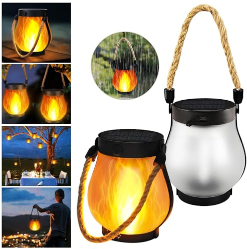 Begonia 1 lanterna solare a fiamma, per esterni, con effetti realistici, 1500 mAh, ricarica solare 2 in 1 e USB ricaricabile, IPX4, impermeabile per esterni, cortile, balcone