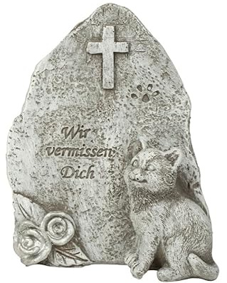 MF Gentle Soul Gedenkstein für Katzen, Grau, Polyresin, 11x10x5 cm, Dekorative Tiergrabfigur mit Kreuz, Wir Vermissen Dich Gravur