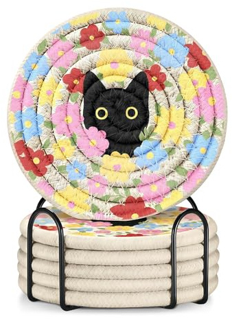 Ruispeed Drink Coasters Set of 6 - Cup Absorbent Coasters for Drinks Coffee Table Home Office Desk Decor Soft Woven Cotton Cloth Braided Fabric Drinking Cup Mat with Holder Cute Cat Flower