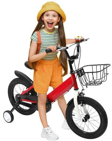 Jerool 14-tums barncykel, cykel barn från 3 år, med stödhjul och korg, höjdjusterbar, flickcykel, ungdomscykel, lämplig för både pojkar och flickor. (röd)