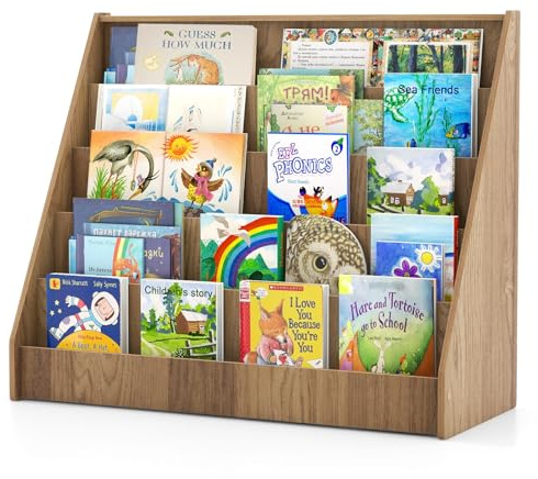 COSTWAY Kinderregal mit 5 Fächern, Bücherregal für Kinder, Zeitungsständer aus Holz, Aufbewahrungsregal für Kinderzimmer, Spielzimmer, 91 x 38 x 76,5 cm (Natur)