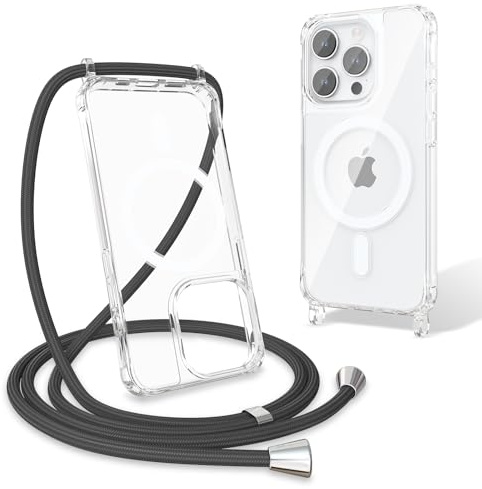 UCASONG Magnetic Clear Case with Lanyard for iPhone 14 Pro, Black | 6.1-Inch, Compatible with MagSafe, Clear Hard Back+Soft Bumper, Adjustable Crossbody Strap, Shockproof Protective Phone Cover