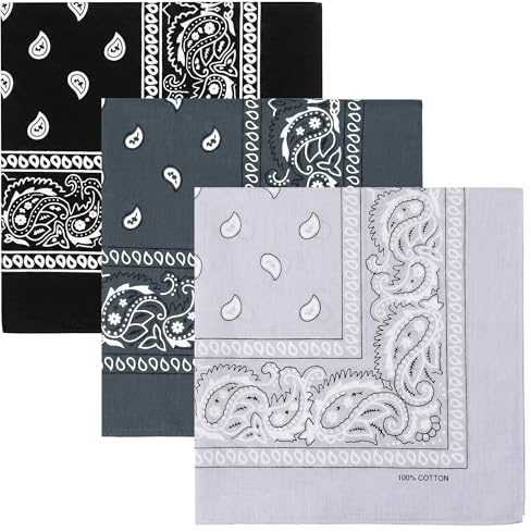 KU 3 Stück 100% Baumwoll Bandanas - Paisley Bandana Damen Herren Kopftuch Tuch in Schwarz, Tibet, Grau für Mundschutz, Sport, Schweißband, Sonnenschutz, Haaraccessoire, Alltag, Reisen