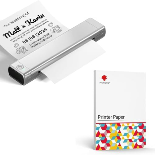 Phomemo M08F Tragbarer Drucker Silber Schwarz mit 200 Blatt Schnell Trocknendem A4 Thermopapier, kabelloser Bluetooth-Mobildrucker für Reisen, Auto, Büro & Zuhause, Tintenloser Druck