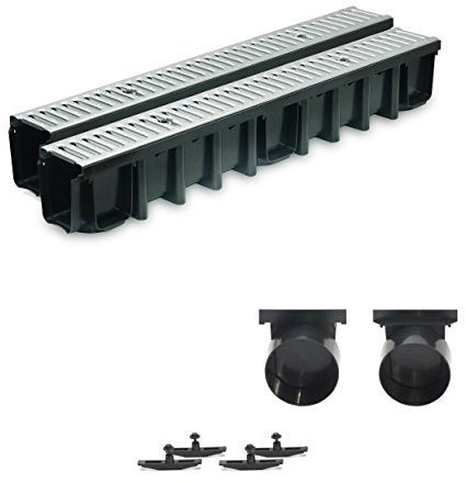 2m Entwässerungsrinne Terrassenrinne Stahlrost verzinkt komplett SET, System A15 148mm, inkl. Zubehör