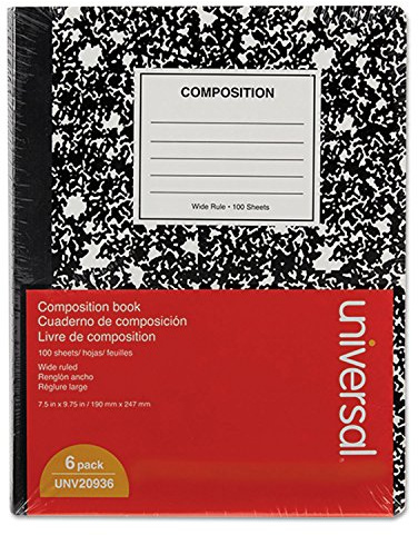 Universal 20946 Composition Book, College Rule, 9 3/4 x 7 1/2, White, 100 Sheets, 6/Pack
