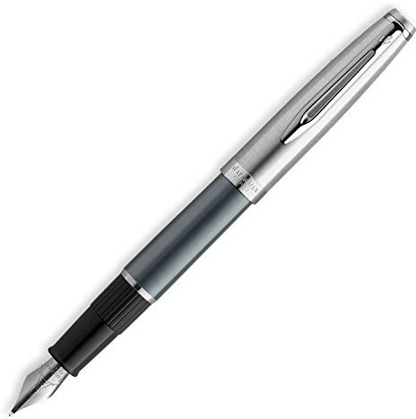 Waterman Emblème Deluxe Fountain Pen, Grey with Chrome Trim, Fine Nib with Blue Ink Cartridge, Gift Box