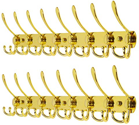Dseap Garderobenleiste mit 8 haken, schwerlast 74cm Lang garderobenhaken, edelstahl wandgarderobe, kleiderhaken wand, hakenleiste garderobe für mantel hut handtuch handtasche, Gold, 2er-set